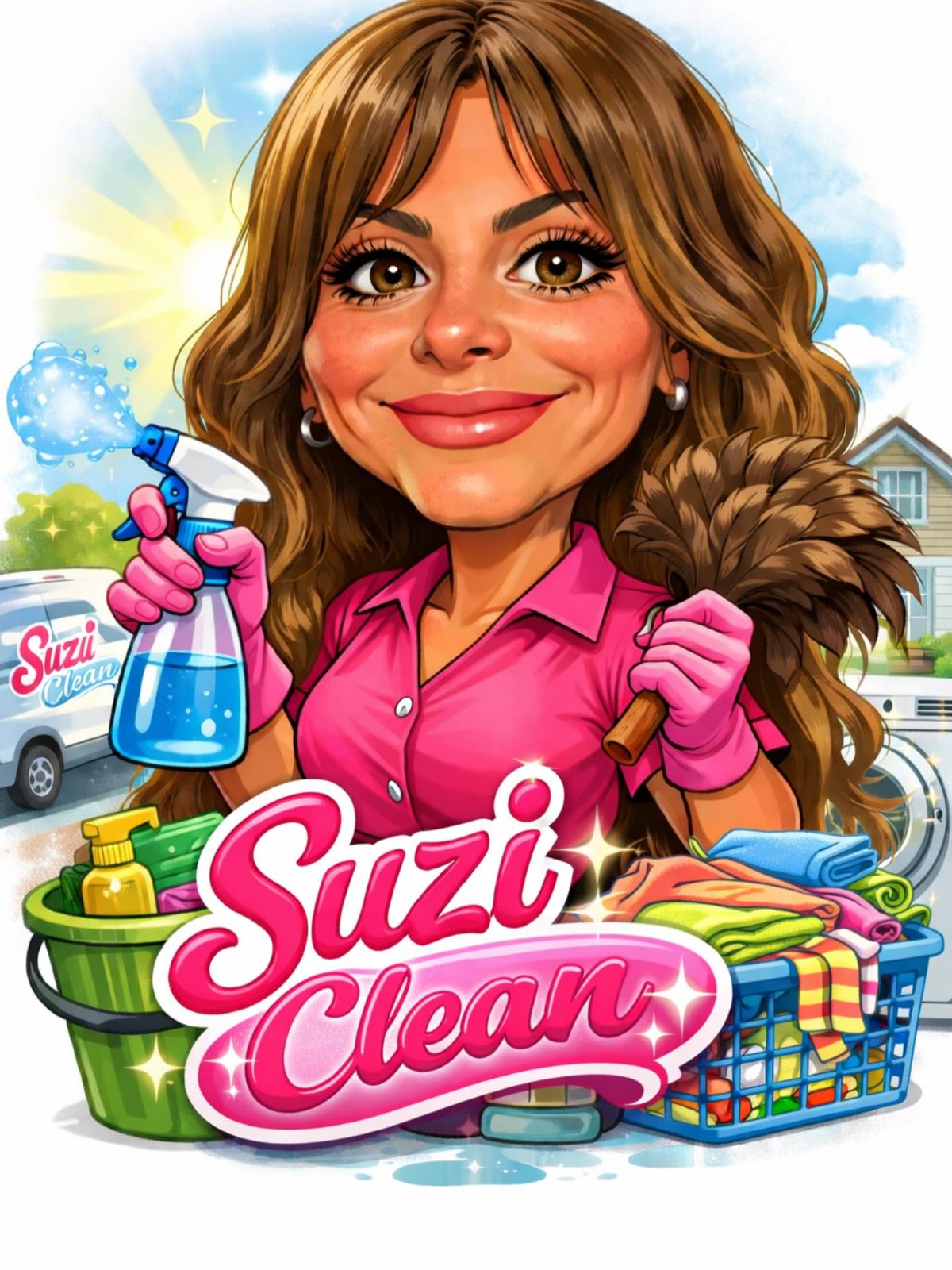 The Suzi Clean mascot: a smiling cartoon Suzi in pink with a spray bottle, duster and basket of laundry